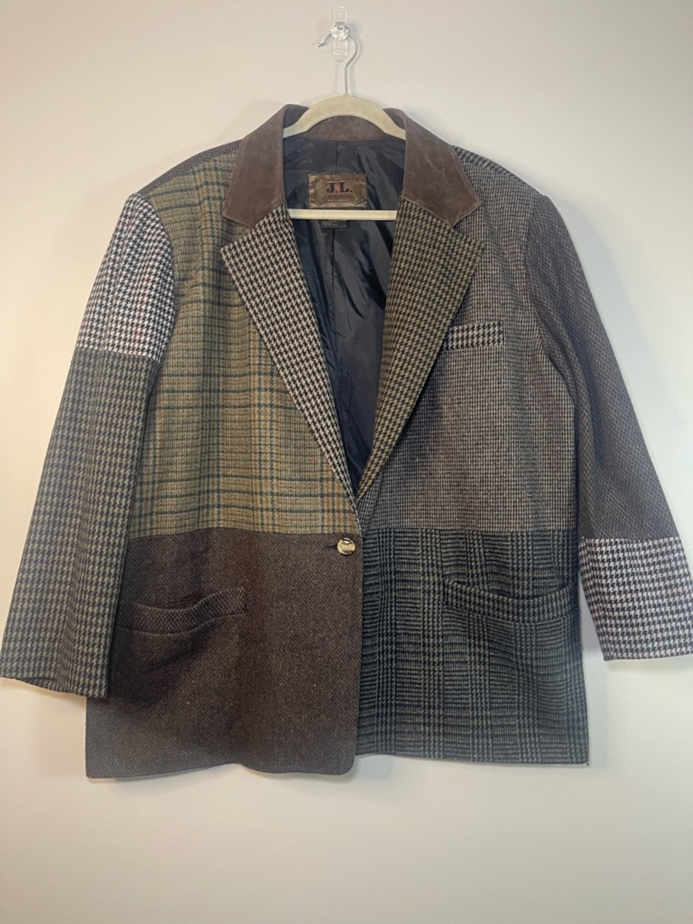 Patchwork Wool Blazer Jacket in Brown and Gray